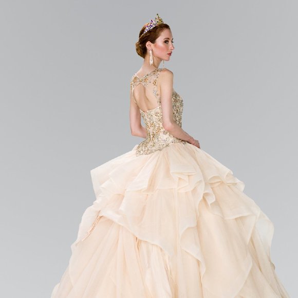 NEW FLOOR LENGTH SLEEVELESS TULLE BALL GOWN EMBROIDERED WITH RHINESTONES GL2378 - Picture 8 of 12